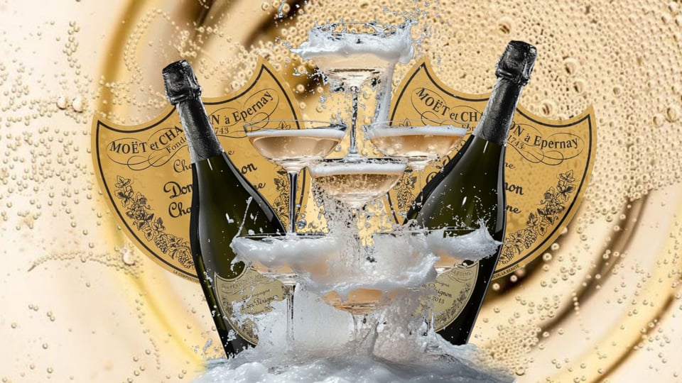 Graphic of champagne glasses stacked in a tower spilling over alongside two bottles of Dom Perignon Champagne