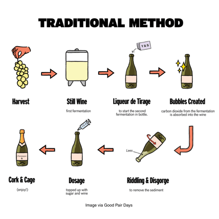 Showing the 7 step process of the Traditional Method, including harvest, still wine, liqeur de tirage, the creation of bubbles, riddling & disgorging, dosage, and corking.